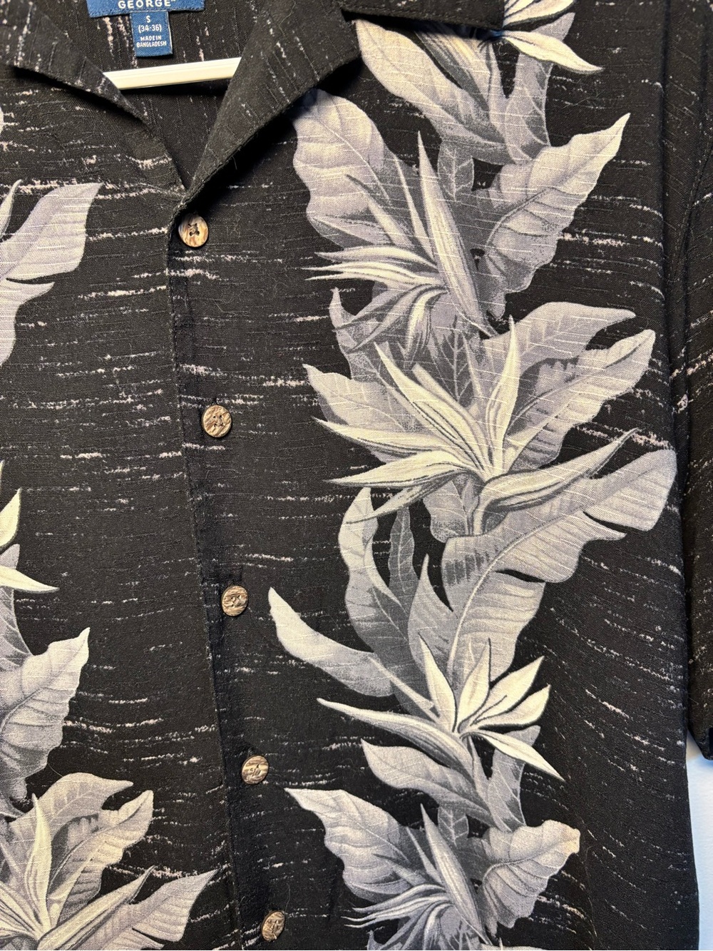 George Black Short-Sleeve Button-Down with White Tropical Leaf Stripes - Picture 2 of 5